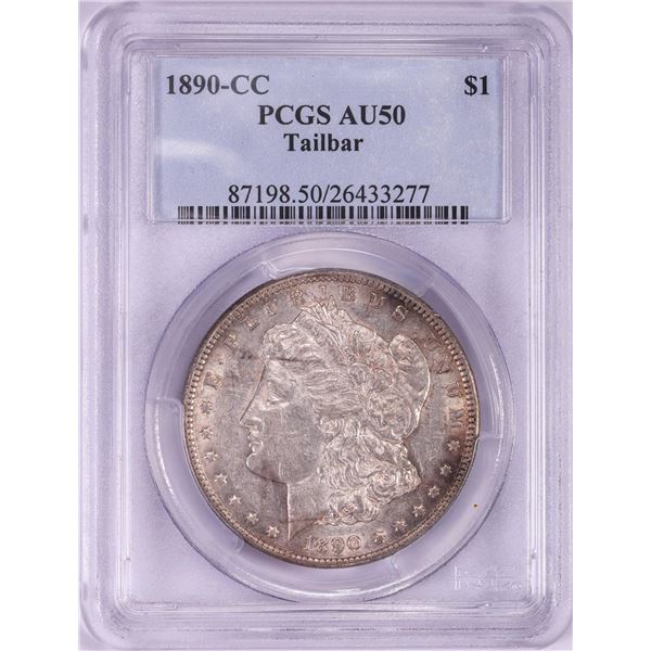 1890-CC $1 Morgan Silver Dollar Coin Tailbar PCGS AU50