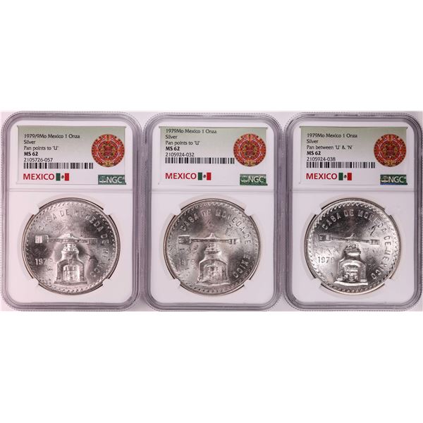 Lot of (3) 1979Mo Mexico 1 Onza Silver Coins NGC MS62