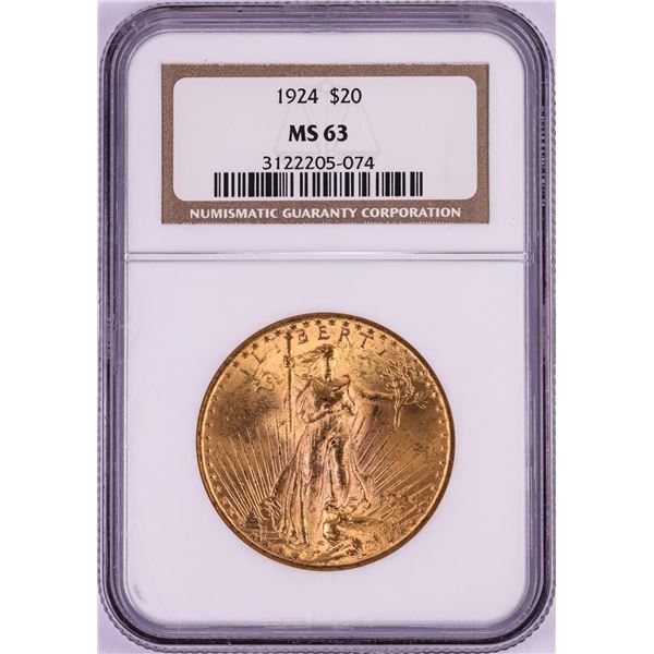 1924 $20 St. Gaudens Double Eagle Gold Coin NGC MS63