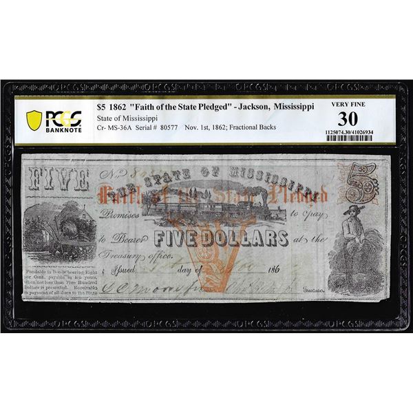 1862 $5 Faith of the State Pledged Jackson, MS Obsolete Note PCGS Very Fine 30