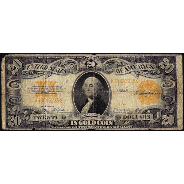 1922 $20 Gold Certificate Note