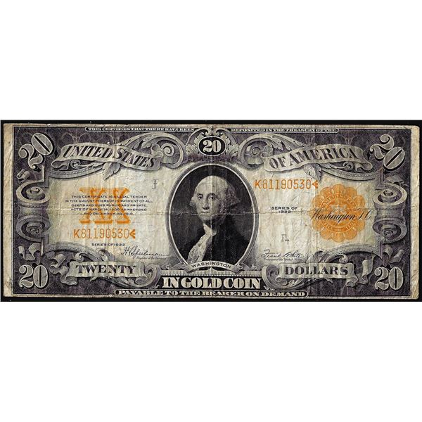 1922 $20 Gold Certificate Note