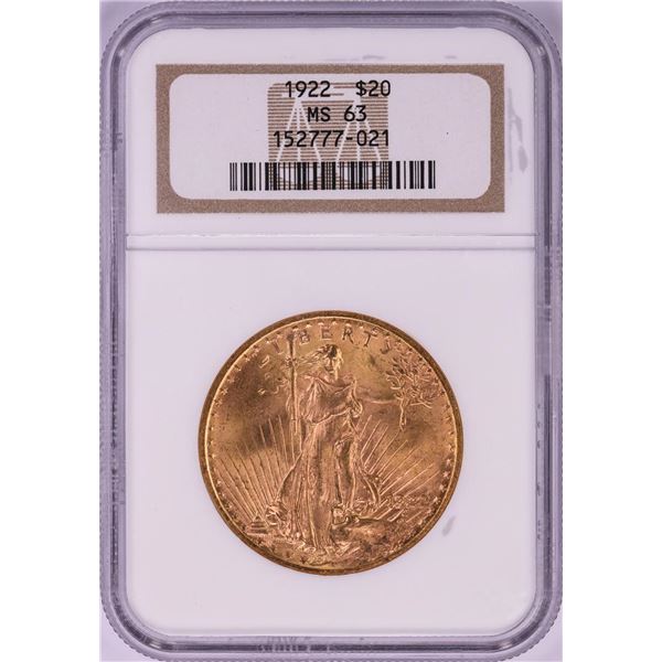 1922 $20 St. Gaudens Double Eagle Gold Coin NGC MS63