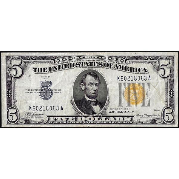 1934A $5 North Africa WWII Emergency Issue Silver Certificate Note