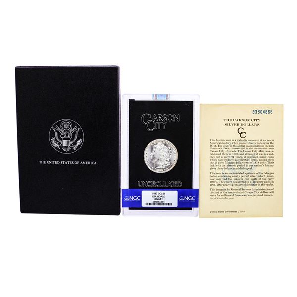 1883-CC $1 Morgan Silver Dollar Coin GSA Hoard Uncirculated NGC MS65+ with Box & COA