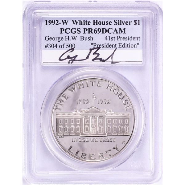 George Bush Signed 1992-W $1 Proof White House Silver Dollar Coin PCGS PR69DCAM