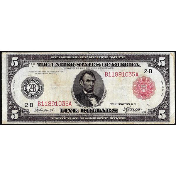 1914 $5 Federal Reserve Note New York Red Seal