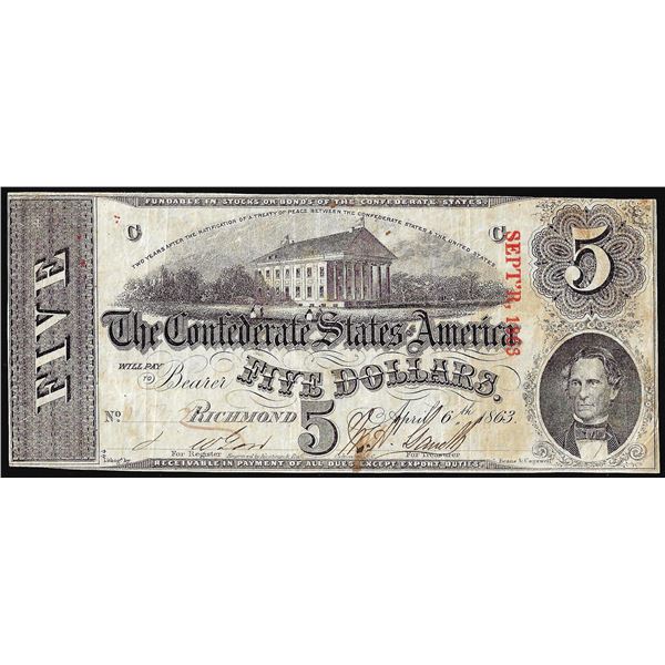 1863 $5 The Confederate States of America Note