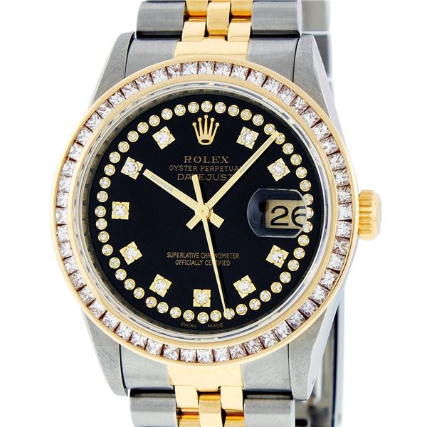 Rolex Men's Two Tone Black 2.75 ctw Princess Cut Diamond Datejust Wristwatch