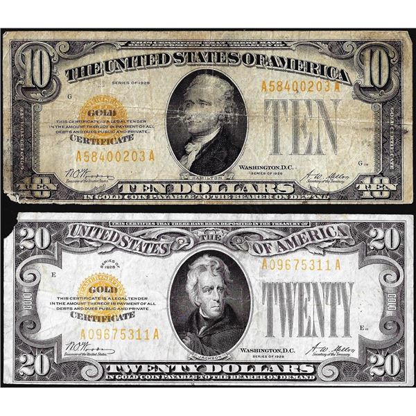 Lot of 1928 $10 & $20 Gold Certificate Notes