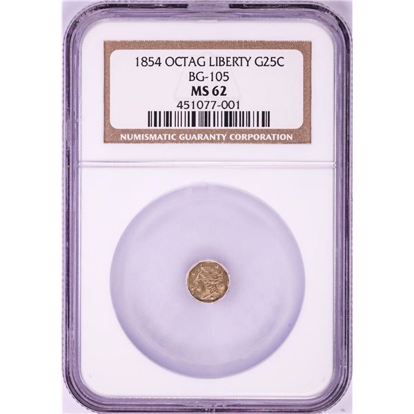 1854 Liberty Octagonal Quarter Gold Coin NGC MS62 BG-105