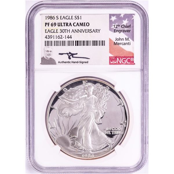 1986-S Proof $1 American Silver Eagle Coin NGC PF69 Ultra Cameo Mercanti Signature