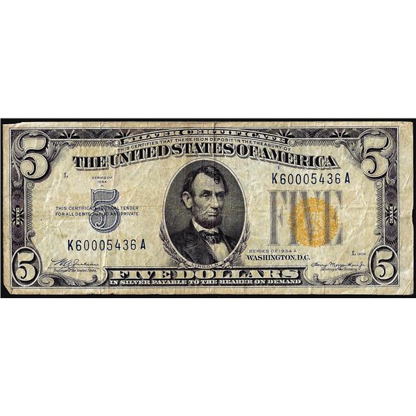 1934A $5 North Africa WWII Emergency Issue Silver Certificate Note