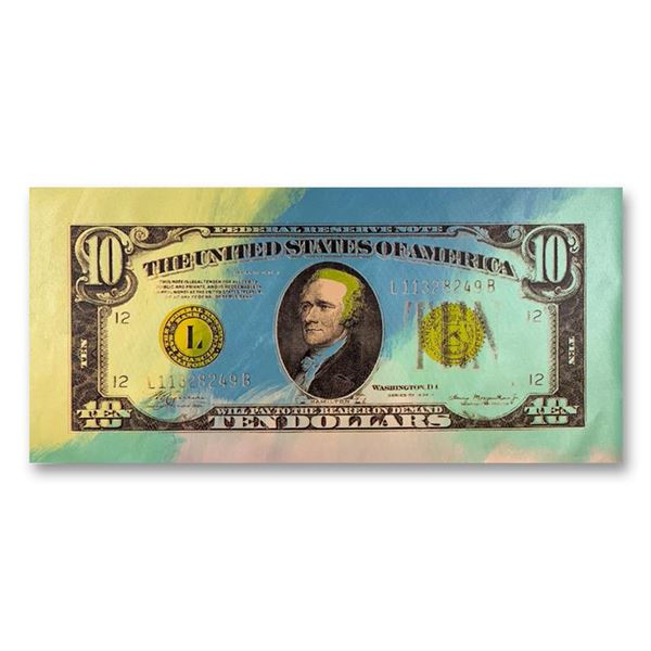 Steve Kaufman (1960-2010) "1934 Ten Dollar Hamilton Bill" Original Mixed Media On Canvas