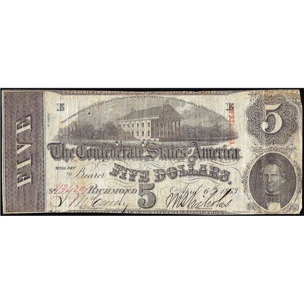 1863 $5 The Confederate States of America Note