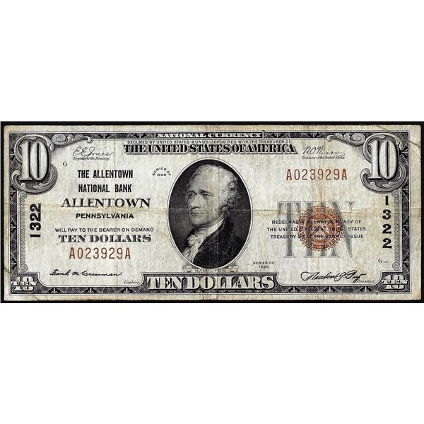 1929 $10 The Allentown NB Allentown, PA CH# 1322 National Currency Note