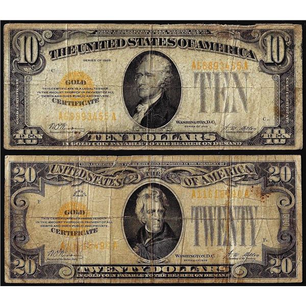 Lot of 1928 $10 & $20 Gold Certificate Notes