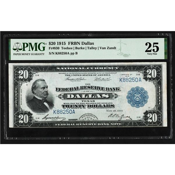 1915 $20 Federal Reserve Bank Note Dallas Fr.830 PMG Very Fine 25