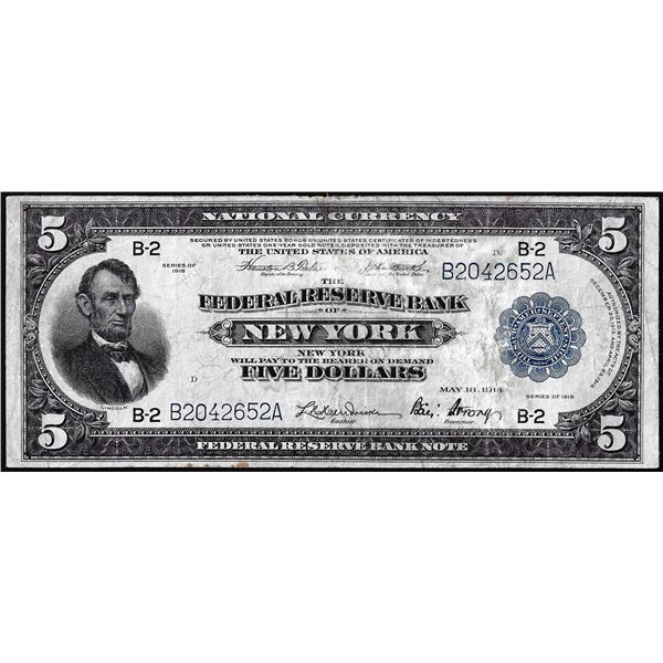 1918 $5 Federal Reserve Bank Note New York