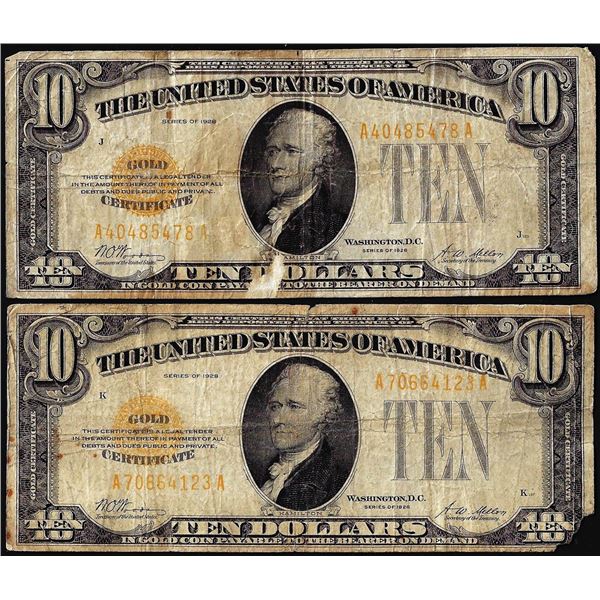 Lot of (2) 1928 $10 Gold Certificate Notes