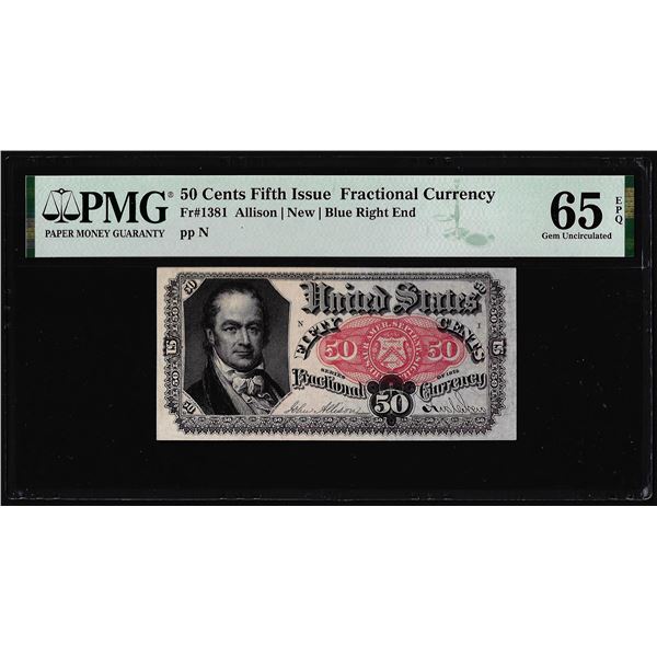 1874 Fifth Issue 50 Cents Fractional Currency Note Fr.1381 PMG Gem Uncirculated 65EPQ
