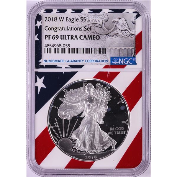 2018-W $1 Proof American Silver Eagle Coin NGC PF69 Ultra Cameo Congratulations Flag