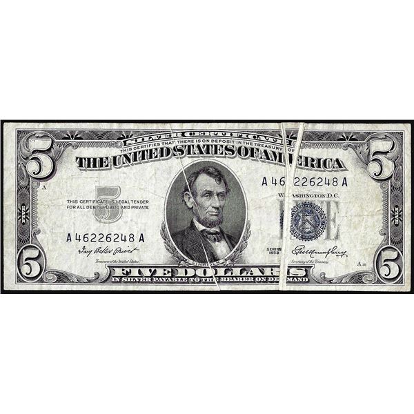 1953 $5 Silver Certificate Double Gutter fold Error Note