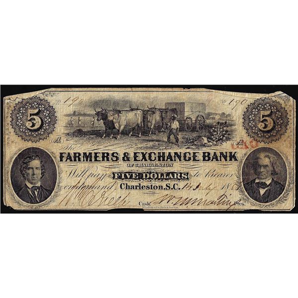 1854 $5 Farmers & Exchange Charleston, S.C. Obsolete Note