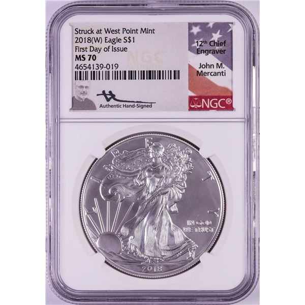 2018(W) $1 American Silver Eagle Coin NGC MS70 FDOI Mercanti Signature