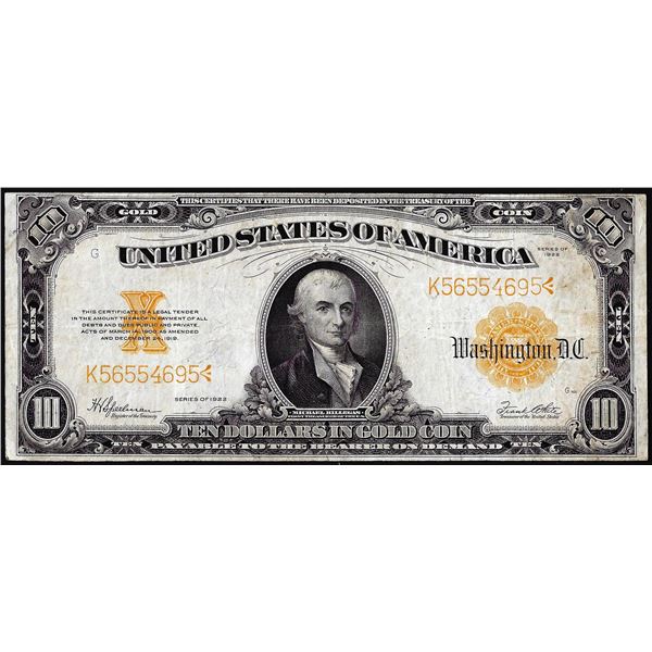 1922 $10 Gold Certificate Note