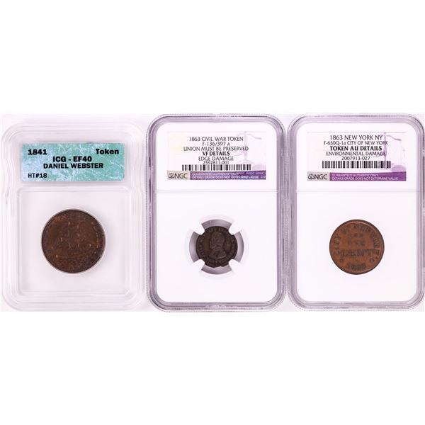 Lot of (2) 1863 Civil War & (1) 1841 Hard Time Tokens NGC/ICG Graded