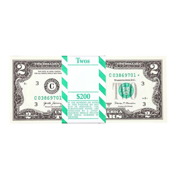 Pack of (100) Consecutive 2017A $2 Federal Reserve STAR Notes Philadelphia