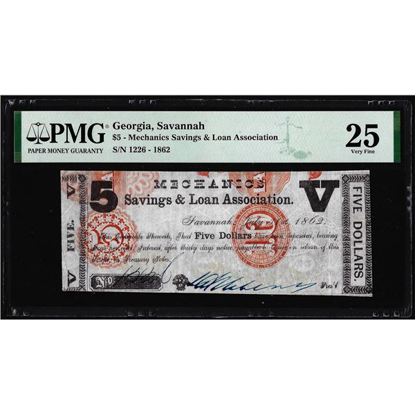 1862 $5 Mechanics Savings & Loan Savannah, GA Obsolete Note PMG Very Fine 25