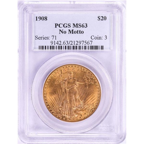 1908 No Motto $20 St. Gaudens Double Eagle Gold Coin PCGS MS63