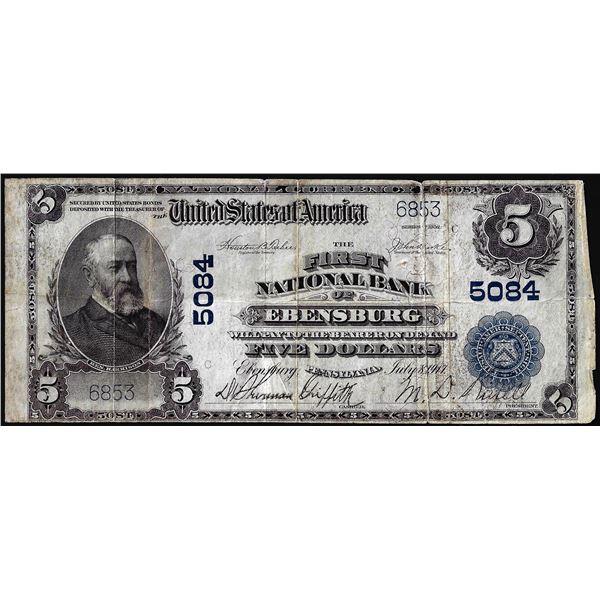 1902PB $5 First National Bank of Ebensburg, PA CH# 5084 National Currency Note
