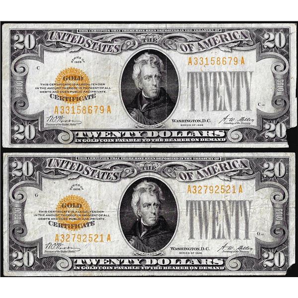 Lot of (2) 1928 $20 Gold Certificate Notes