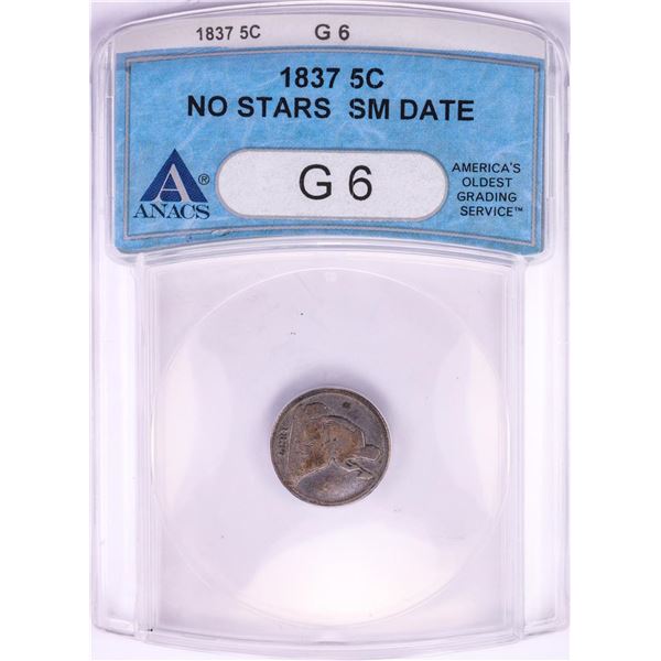 1837 No Stars Small Date Seated Liberty Half Dime Coin ANACS G6