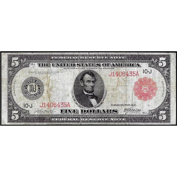 1914 $5 Federal Reserve Note Kansas City Red Seal
