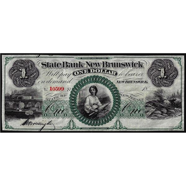 1800's $1 State Bank of New Brunswick New Jersey Obsolete Note
