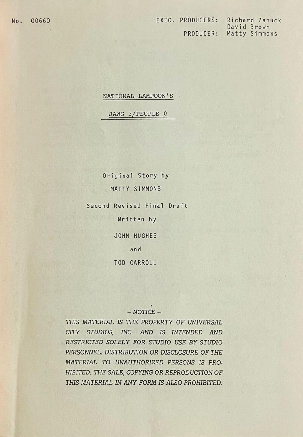 Jaws 3, People 0 Unproduced National Lampoon Script. - Van Eaton Galleries