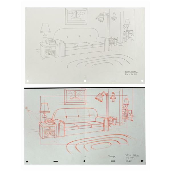 Pair of The Simpsons Game Living Room Layout Drawings.