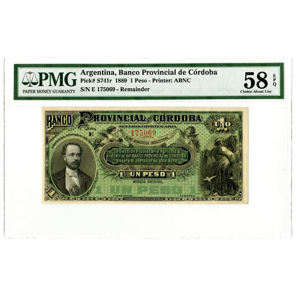 Banco Provincial de Cordoba. 1889. Remainder Banknote Tied with One other for Highest Graded.