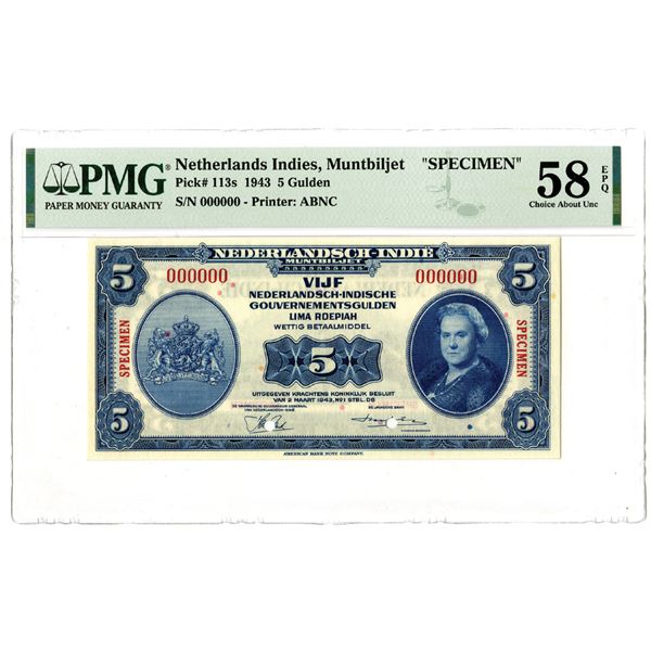 Dutch Government. 1943. 5 Gulden, Specimen Banknote.