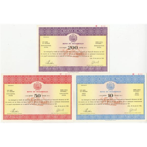 Republica Del Peru - Bono De Desarrollo, 1985 Specimen Development Bond Trio