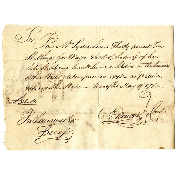 Revolutionary War Connecticut, 1777 Promissory Note for a Late Husband's Illness and When Taken Pris