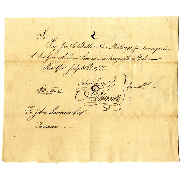 Revolutionary War Connecticut, 1777 Promissory Note For Damage to Soldiers Gun, Signed by Oliver Ell