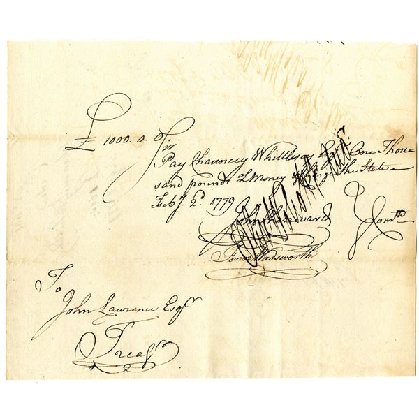 Revolutionary War Connecticut, 1779 £1000 Promissory Note Signed by Oliver Wolcott, Sr., Signer of t