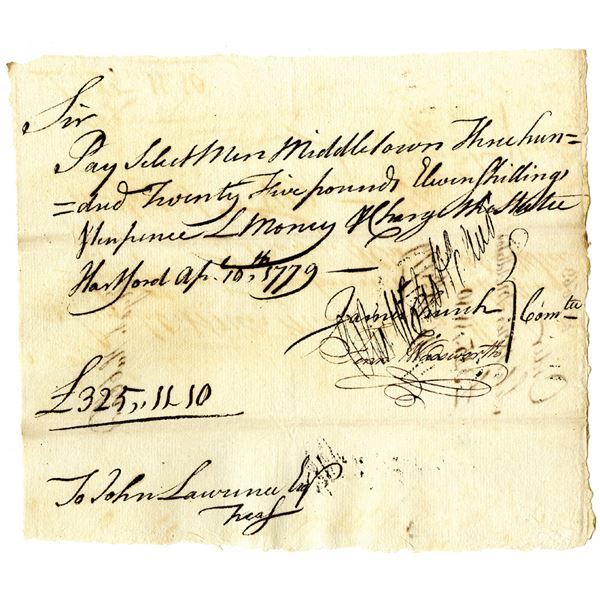 Revolutionary War Promissory Note, 1779 Payment Warrant Signed by Jedidiah Huntington, Revolutionary