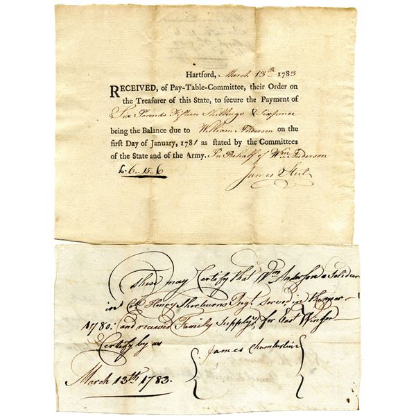 Revolutionary War Connecticut, 1783 Matching Issued Promissory Note and Certification Pair