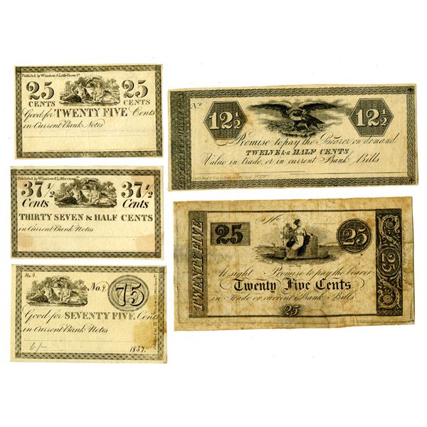 Scrip Note Quartet, ca. 1837 Remainder Obsolete Scrip Note Quintet